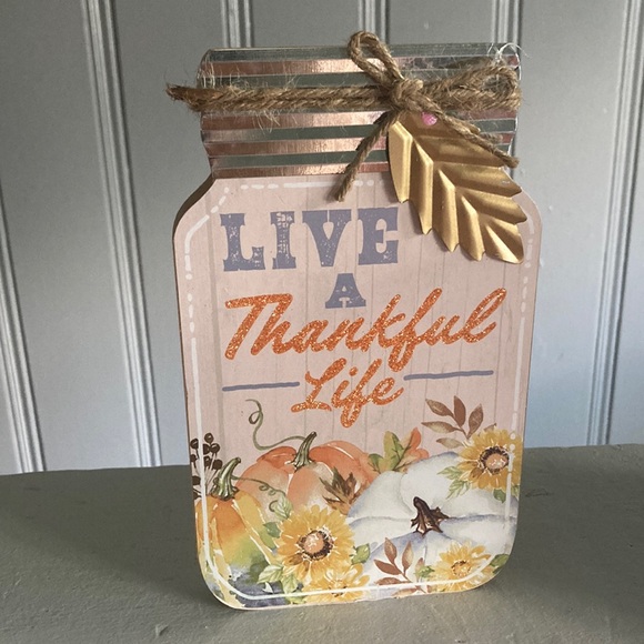 NWT BUNDLE- 2 TRIPLE STACKED TEXTURED AQUA BLUE PUMPKINS GOLD STEMS & WOOD SIGN - Picture 8 of 16